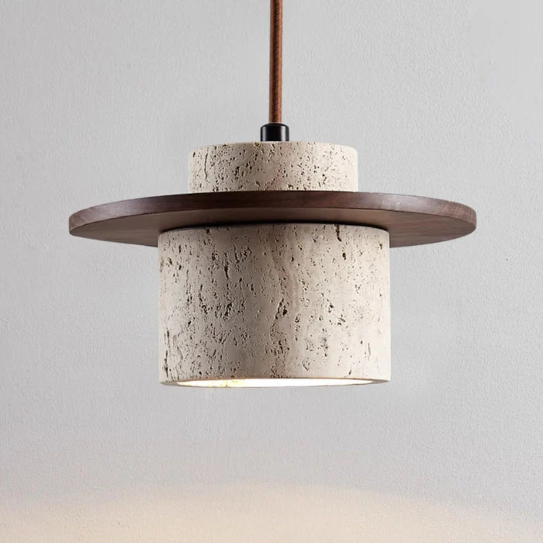 Lampa wisząca z trawertynu | Oświetlenie stołu w salonie