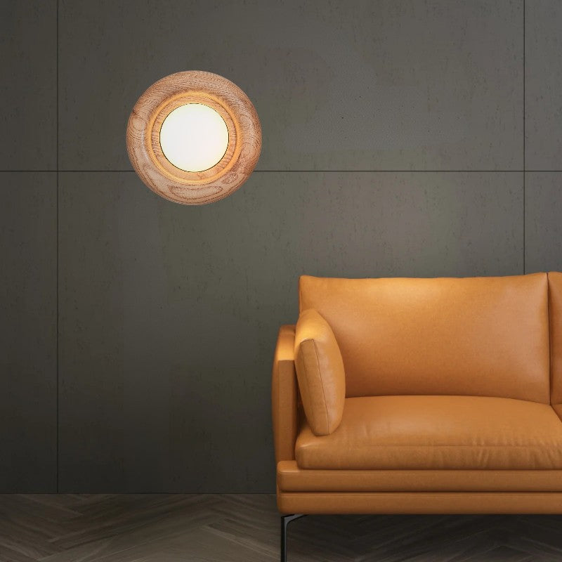 Orvian | Okrągła lampa ścienna z drewnianą ramą