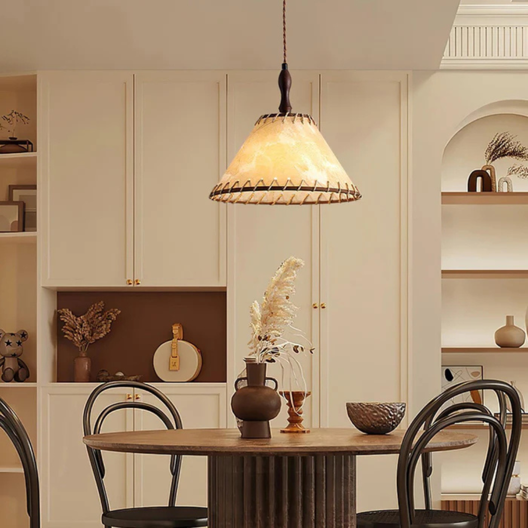 Drewniana lampa wisząca | Lampa LED z abażurem z tkaniny