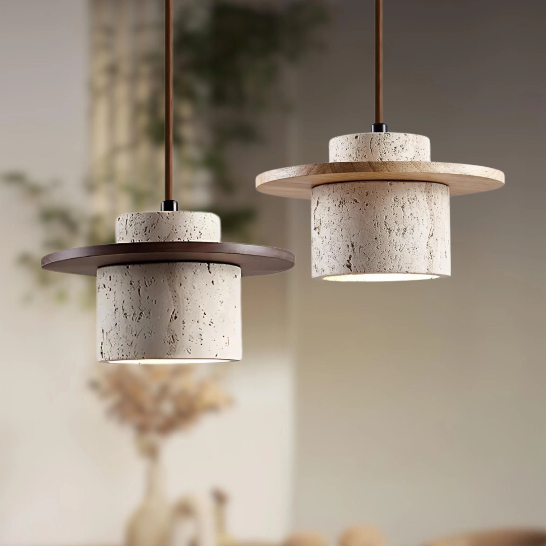 Lampa wisząca z trawertynu | Oświetlenie stołu w salonie